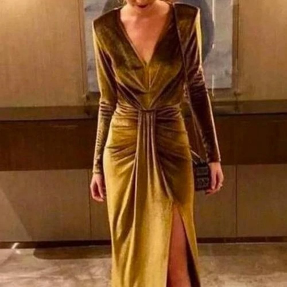 Deep V Neck Split Long Velvet Dress